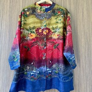 Chico's Vintage Silk Embroidered/Beaded Jacket/Top Size Xl Mandarin Collar